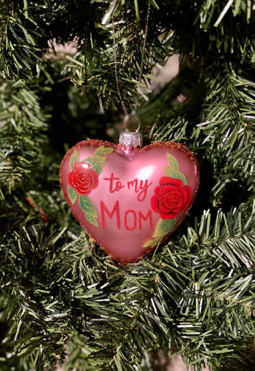 Mom Pink Heart Glass Christmas Ornament
