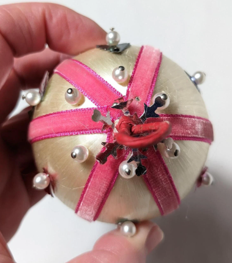 Vintage Pink Beaded Pushpin Christmas Ornament