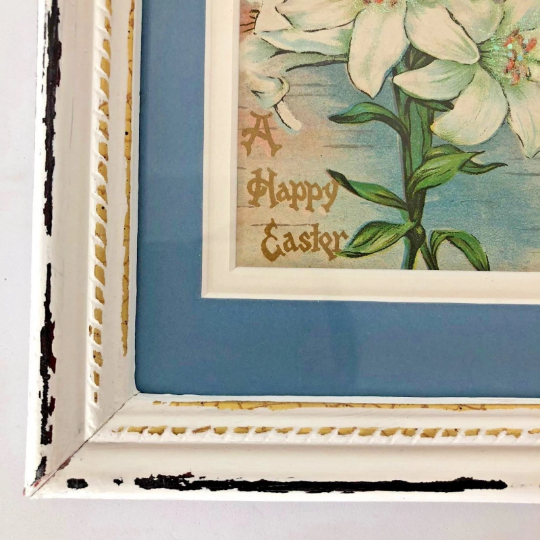 Vintage Framed 1907 Easter Card with Blue Matting in Distressed White Frame