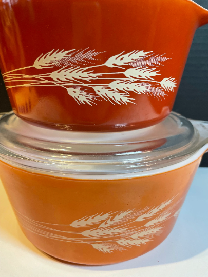 Pyrex Cinderella Autumn Harvest Wheat Nesting Bowls Set of 2 Pyrex Casserole Dishes 474 B and 473 D Lid 474 C