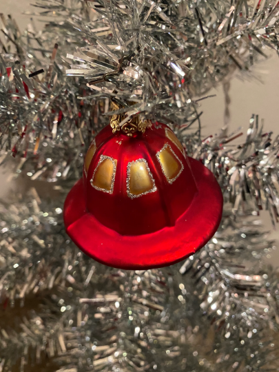 Fireman's Helmet Firefighter Red Hat Blown Glass tree Ornament by Retired Old World Christmas