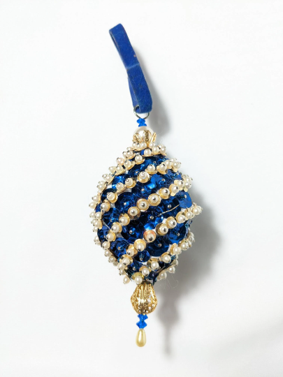 Vintage Blue Beaded Pushpin Christmas Ornament