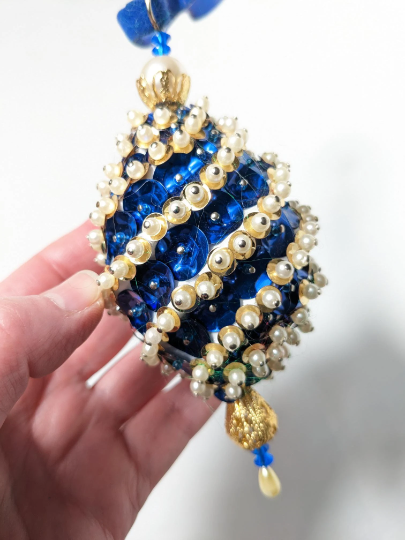 Vintage Blue Beaded Pushpin Christmas Ornament