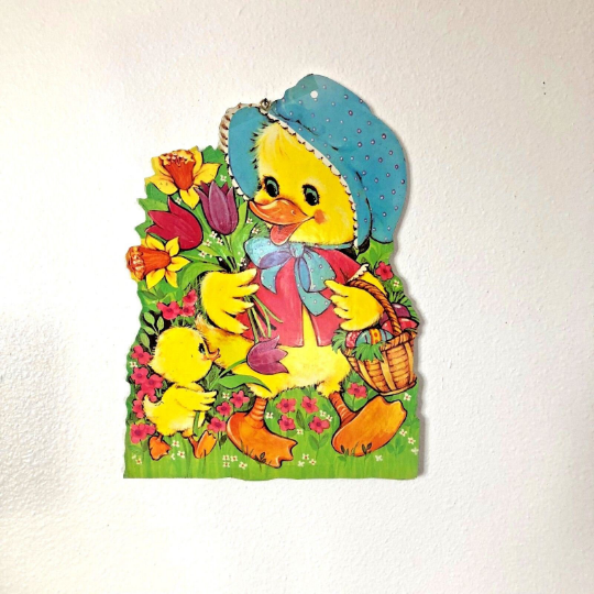 Vintage 1960s Wooden Die Cut Easter Duck Wall Hanging