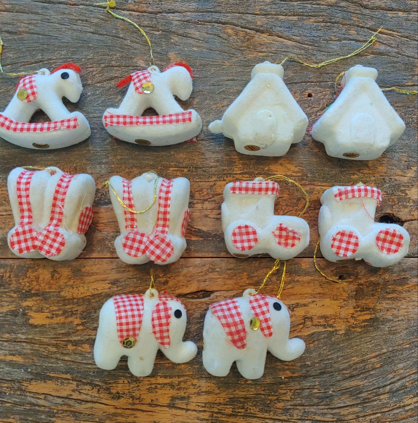 Gingham Checkered Flocked Christmas Ornaments