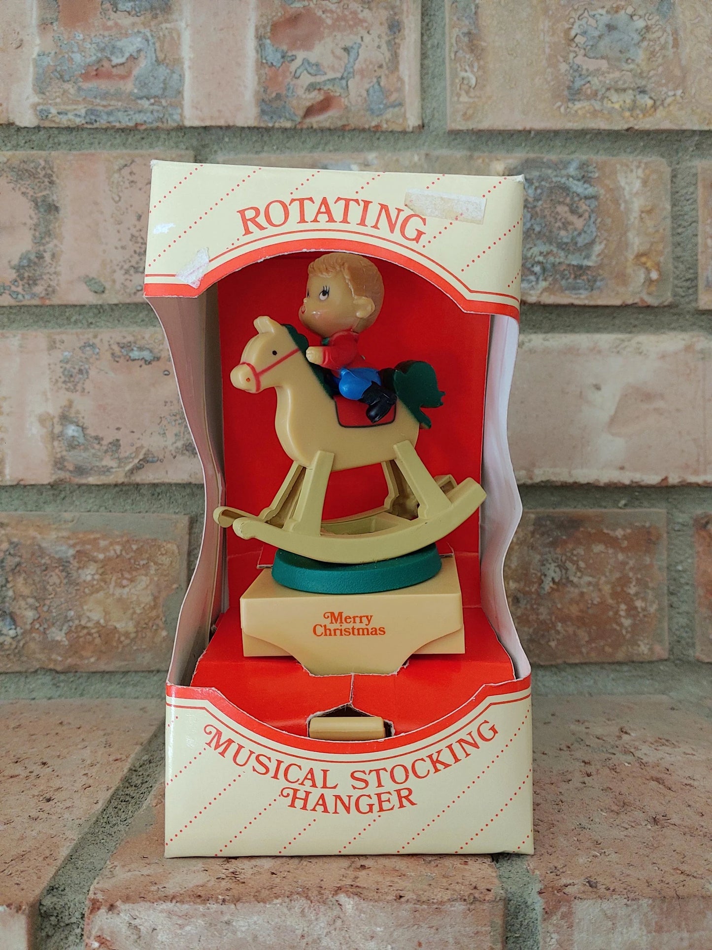 Vintage Rotating Musical Boy on Rocking Horse Stocking Holder