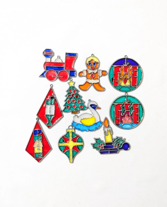 1970's Faux Stained-Glass Christmas Ornaments Set-A