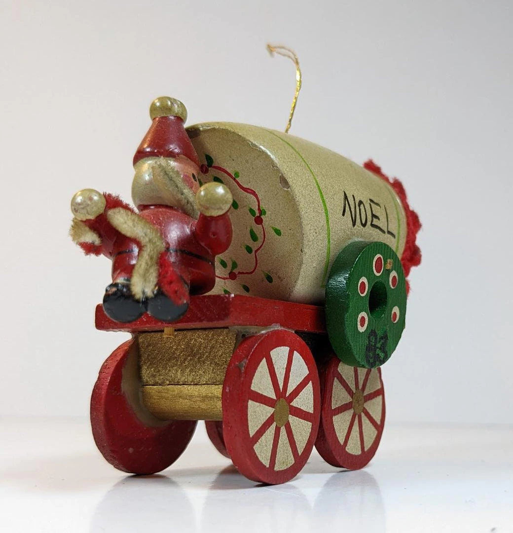 Vintage Wooden 1980s Covered Wagon with Santa Ornament