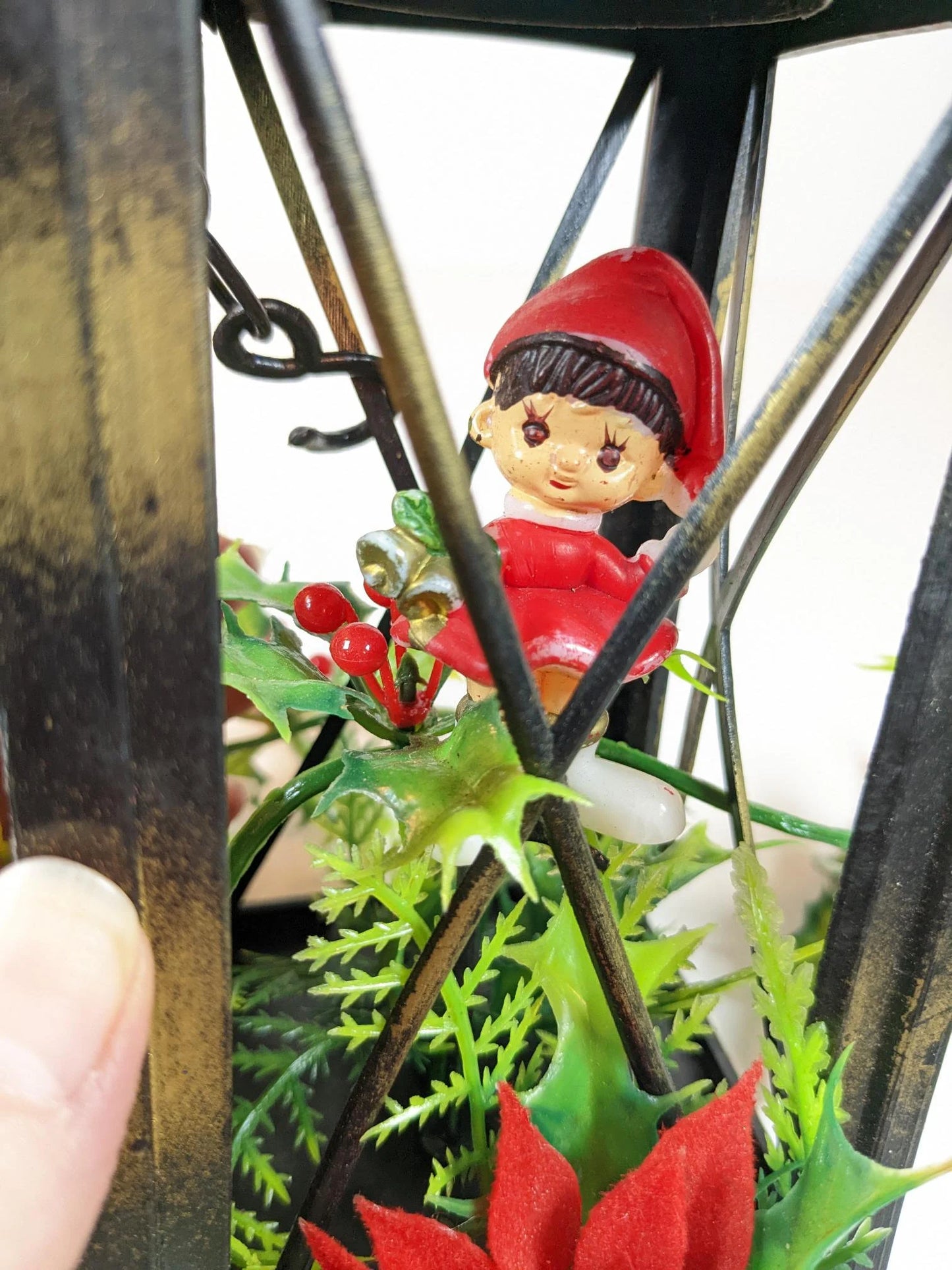 Vintage MCM Flocked Poinsettia Plastic Christmas Lantern