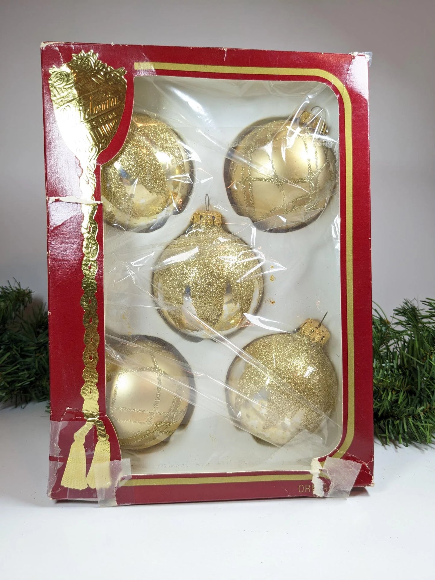 Vintage Snowcapped Gold Christmas Ornaments