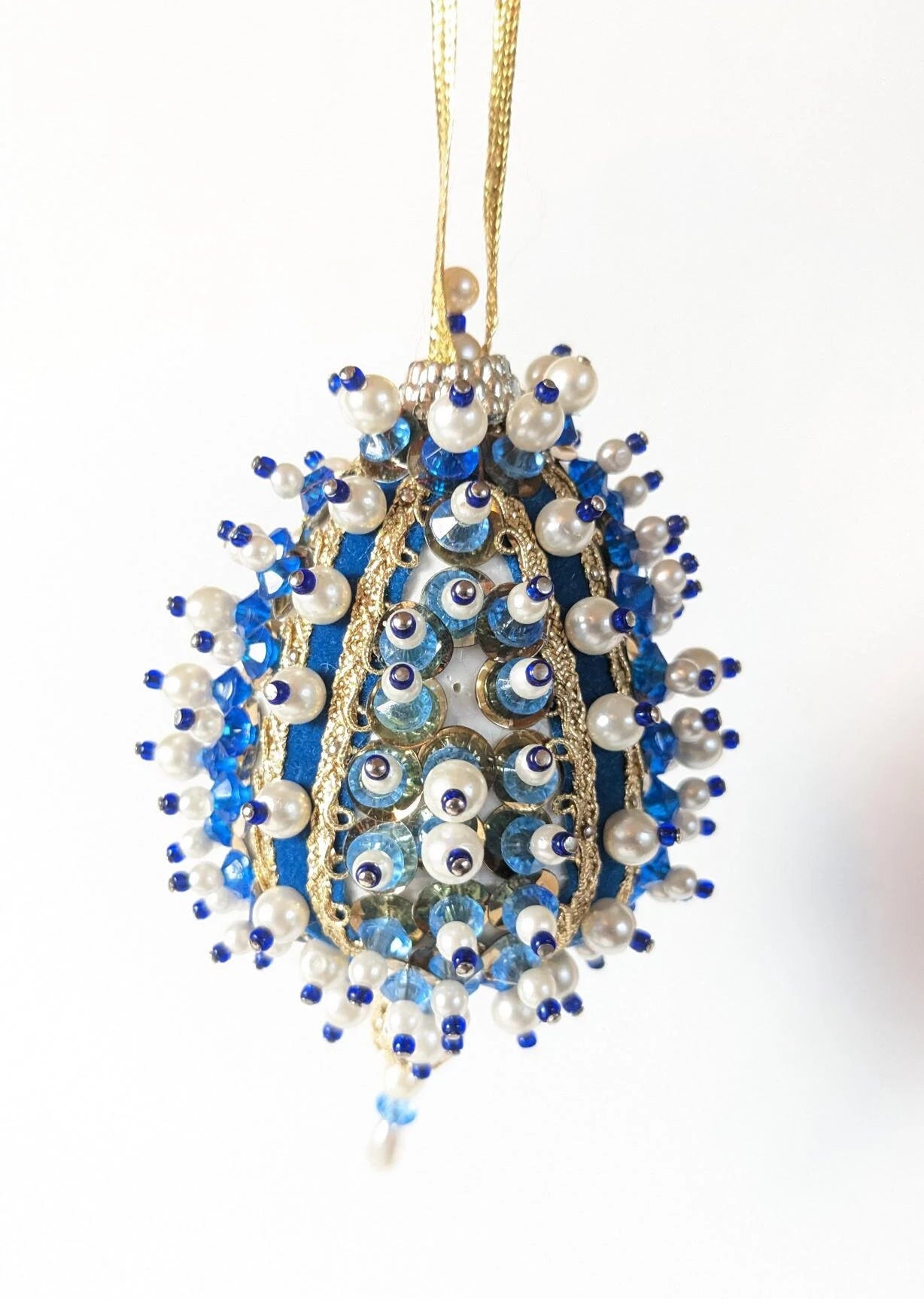 Vintage Blue Beaded Pushpin Christmas Ornament