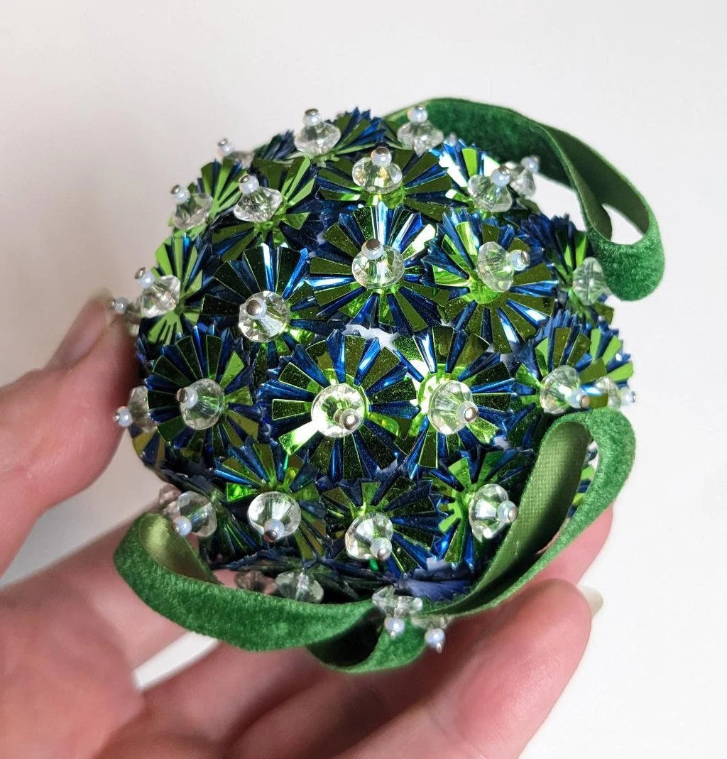 Vintage Blue & Green Beaded Pushpin Christmas Ornament