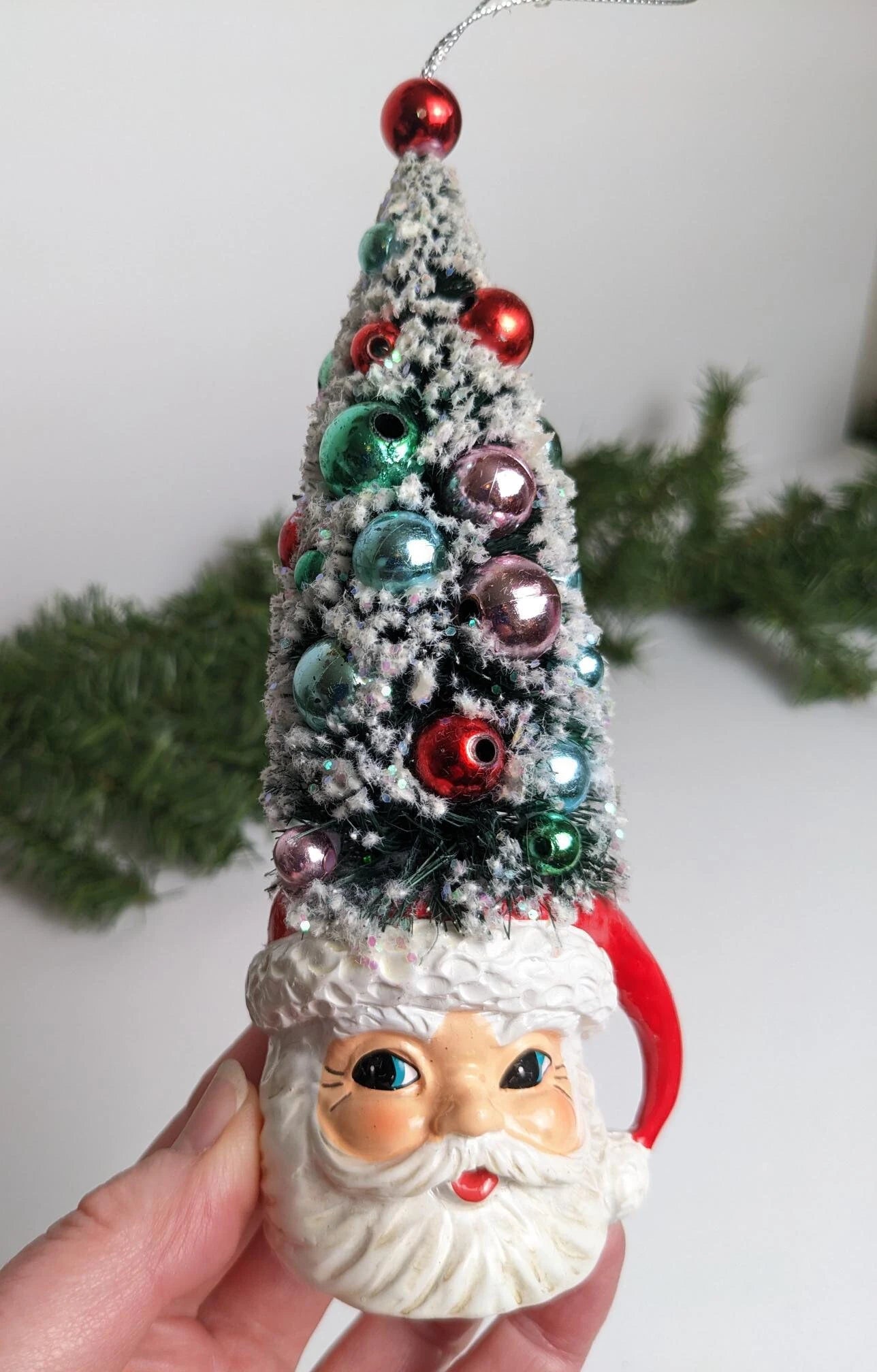 Santa Head Mug with Bottlebrush Christmas Tree Ornament