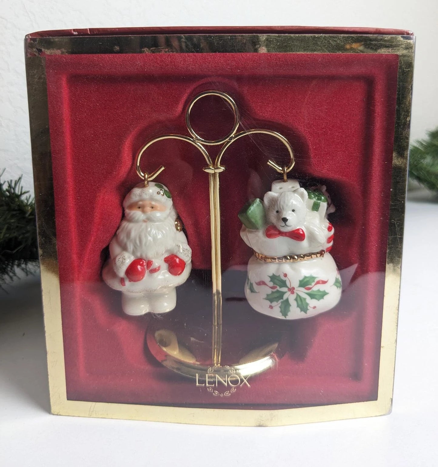 Vintage Lenox Santa and Toys with Holder Salt and Pepper Shakers