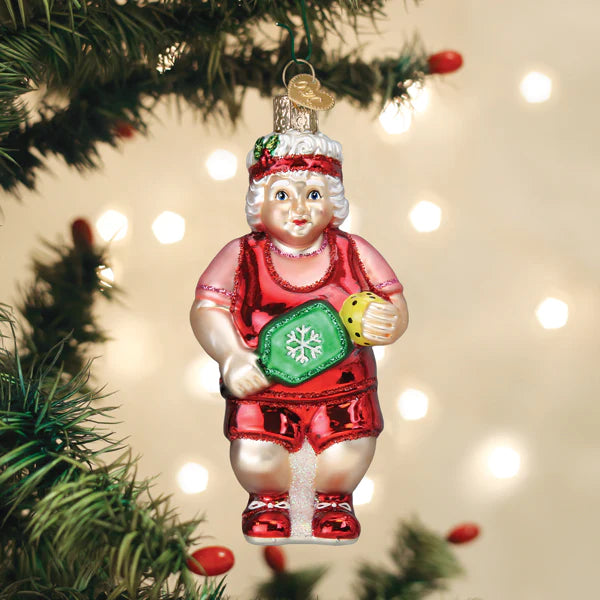 Old World Christmas Mrs. Santa Clause Playing Pickleball Glass Ornament