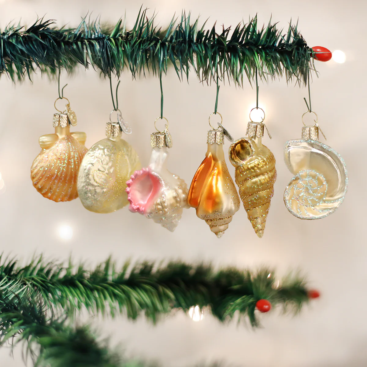 Old World Christmas Seashell Tree Ornament Set of 6 including Mexican Conch, Golden Seashell, Mitchell's Wentletrap Shell, Nautilus, and Sand Dollar