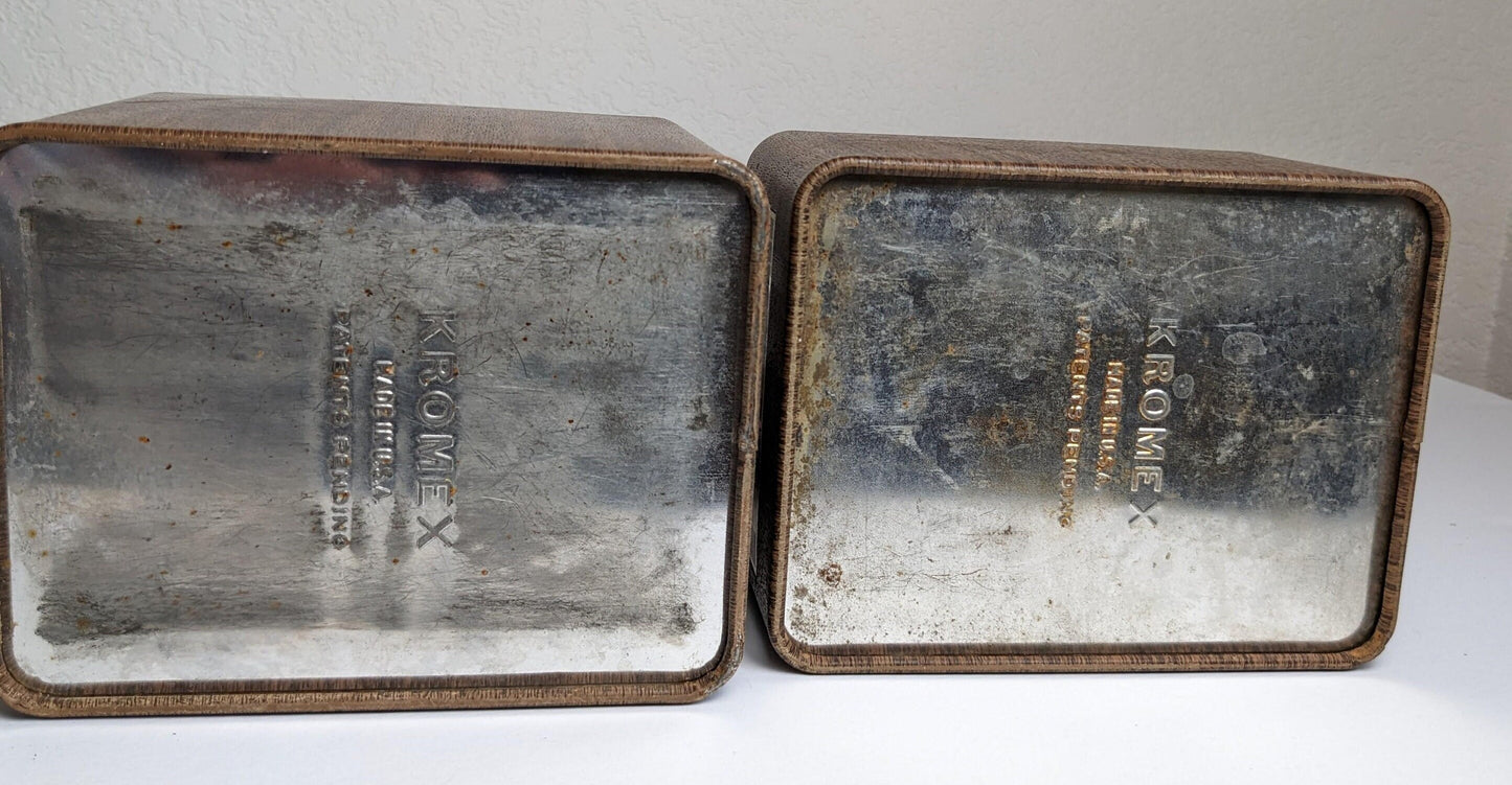 Vintage Kromex Coffee and Tea Wood Grain Kitchen Canisters
