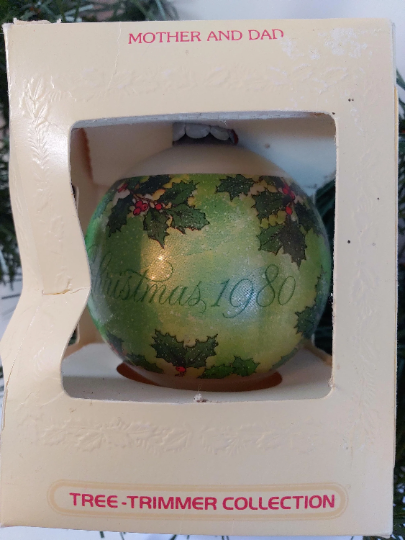 Vintage Hallmark 1980 Mother and Dad Glass Ball Christmas Ornament