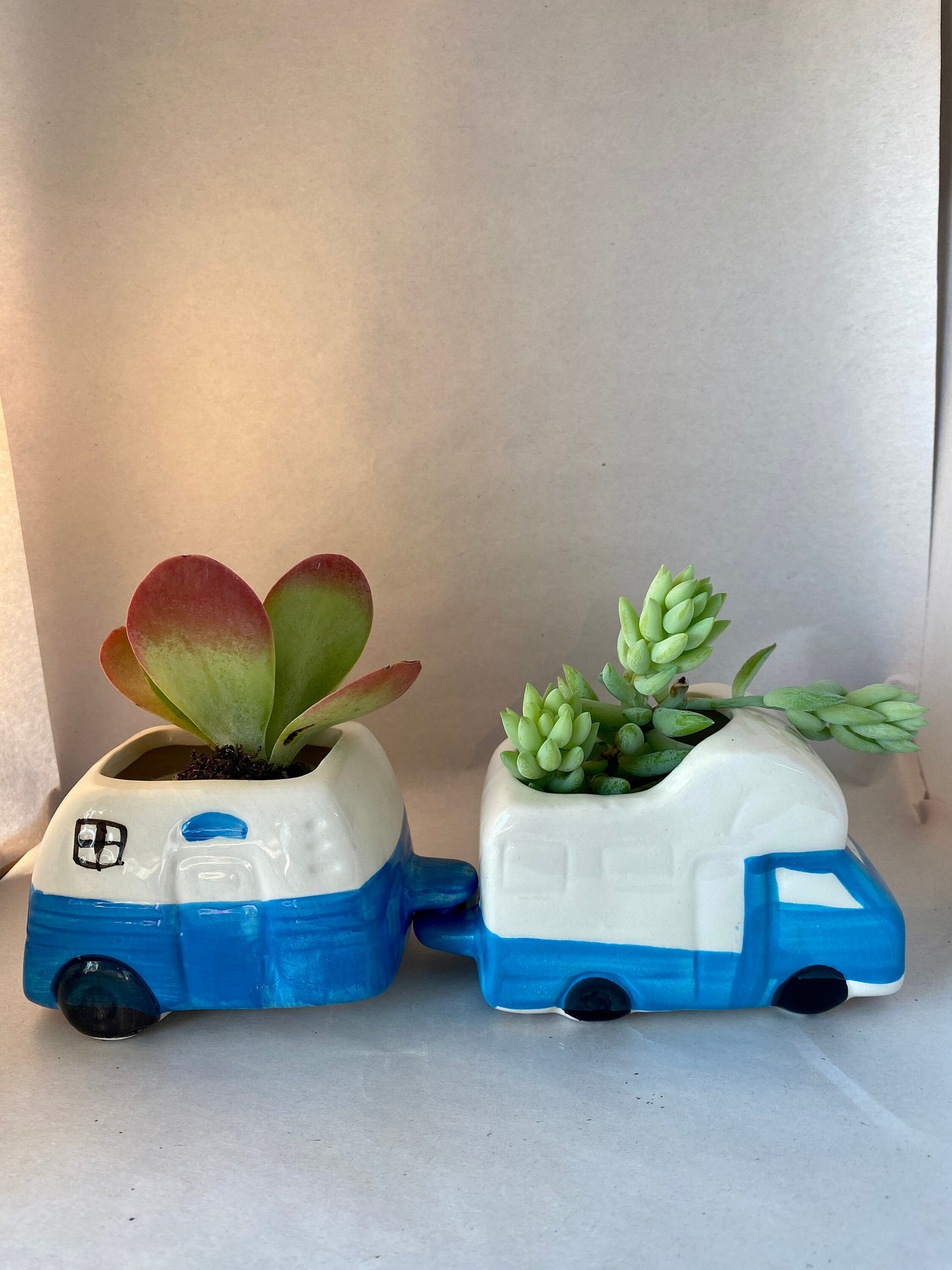 Blue Truck and Camper Ceramic Planter 5" long 3" tall (Live Plant not included)