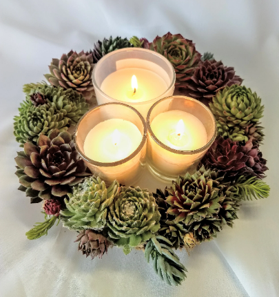 Here's an example of how to use the living succulent wreath as a beautiful addition to a set of candles as a table centerpiece. Beautiful decor for a holiday or a romantic dinner.
