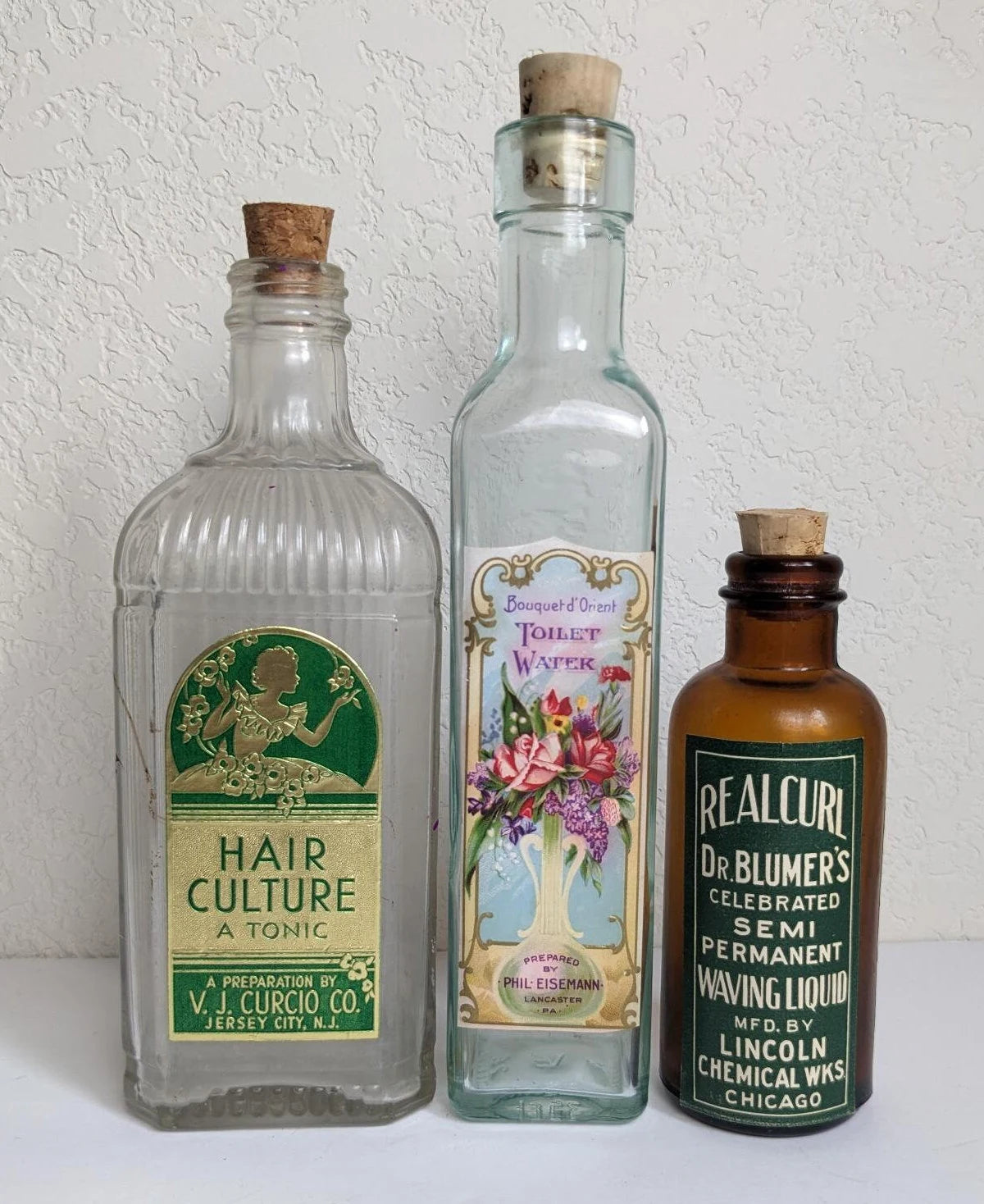 Vintage Antique Style Bottles - Hair Culture, Toilet Water and Waving Liquid Labels