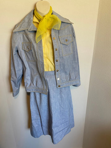 Vintage Women's Yellow Blouse, Yellow Scarf, Denim Jacket, Denim Skirt
