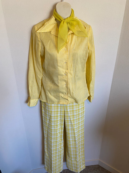 Vintage Women's Yellow Blouse, Yellow Scarf, Denim Jacket, Denim Skirt