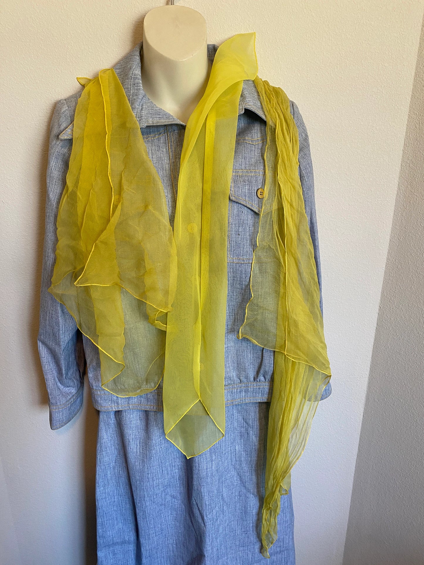Vintage Women's Yellow Blouse, Yellow Scarf, Denim Jacket, Denim Skirt