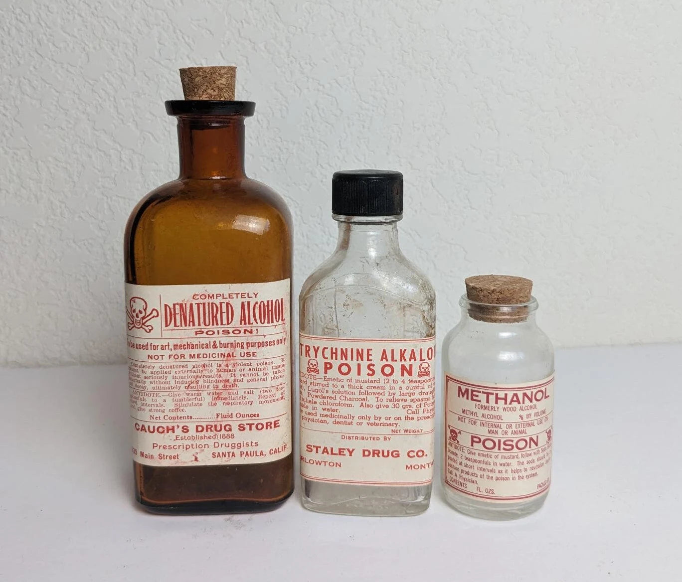 Vintage Antique Style Poison Drug Store Bottles - Alcohol, Strychnine Alkaloid and Methanol Labels