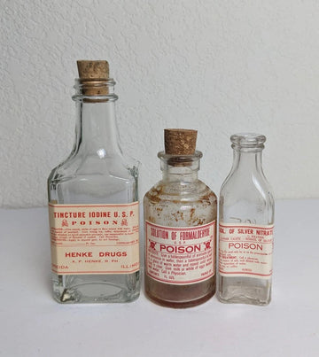 Vintage Antique Style Poison Drug Store Bottles - Silver Nitrate, Formaldehyde and Iodine Labels