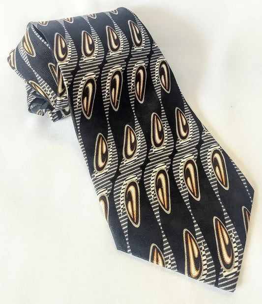 Vintage Necktie Men's Pattern Silk Tie Black White Orange