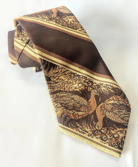 Vintage Necktie Men's Tie Brown and Cream Striped Pattern with Pheasants