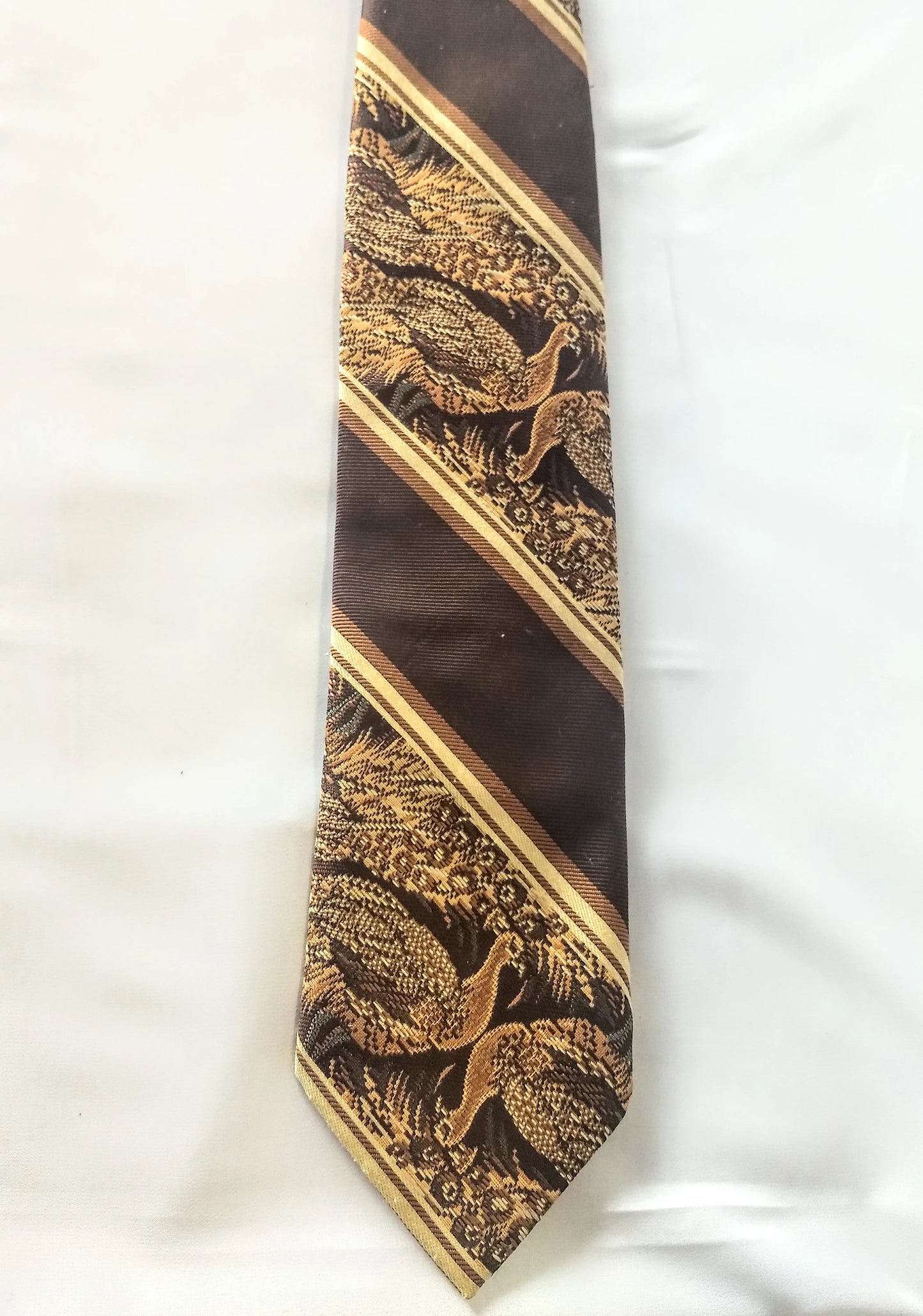 Vintage Necktie Men's Tie Brown and Cream Striped Pattern with Pheasants