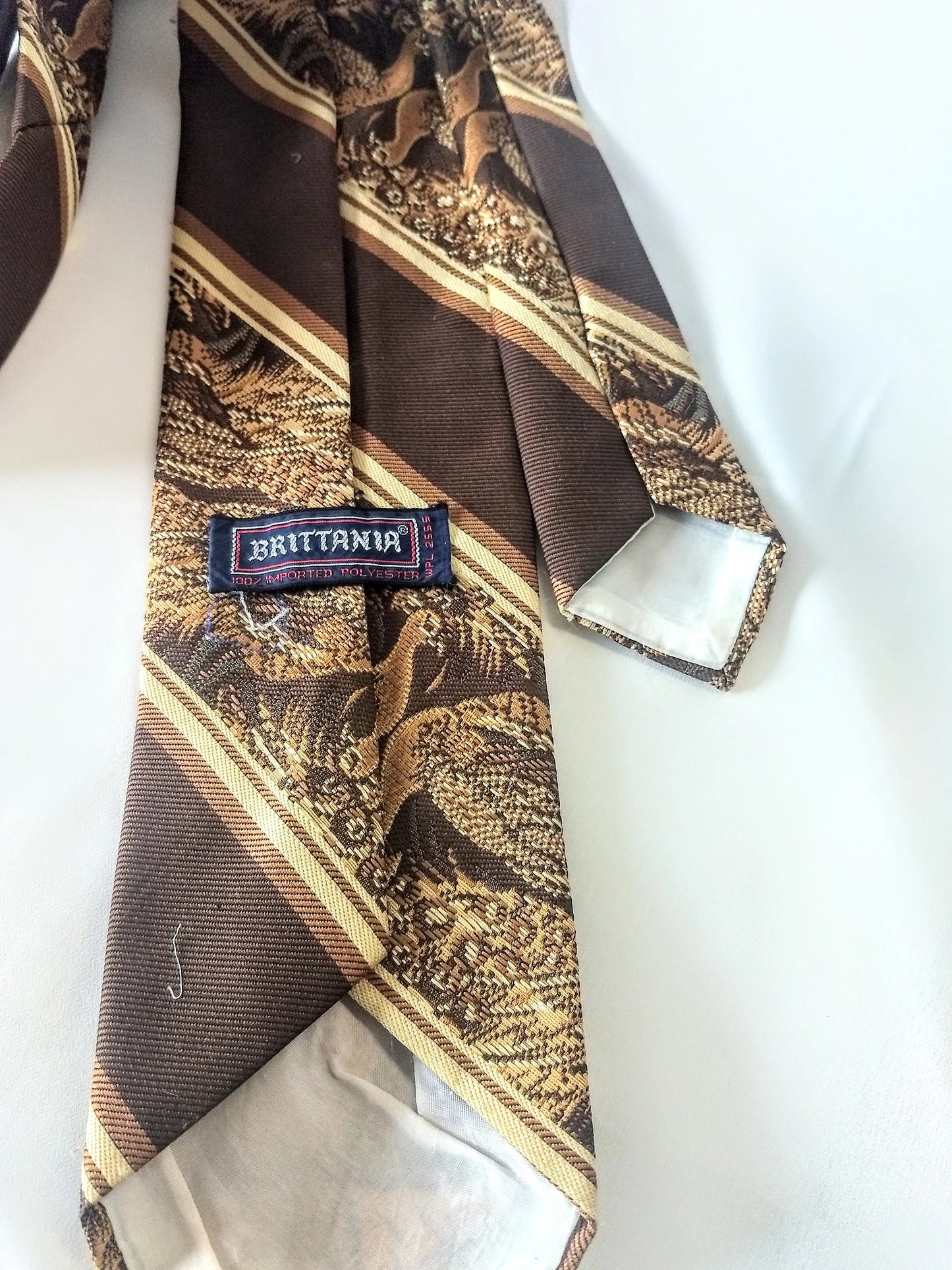 Vintage Necktie Men's Tie Brown and Cream Striped Pattern with Pheasants