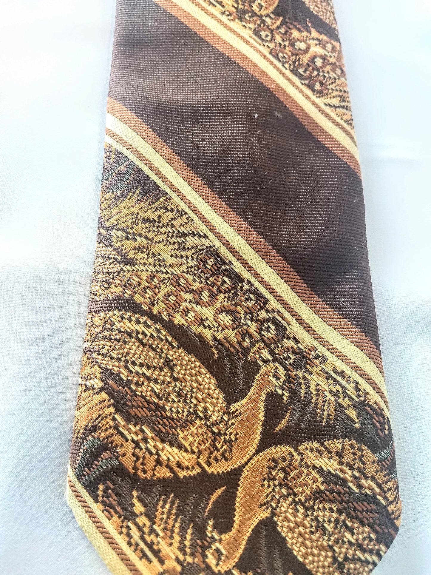 Vintage Necktie Men's Tie Brown and Cream Striped Pattern with Pheasants