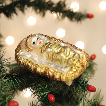 Baby Jesus in Manger Blown Glass Clip-on Tree Ornament by Old World Christmas