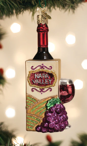 Napa Valley Wine Bottle with Glass and Grapes - Blown Glass Tree Ornament by Old World Christmas