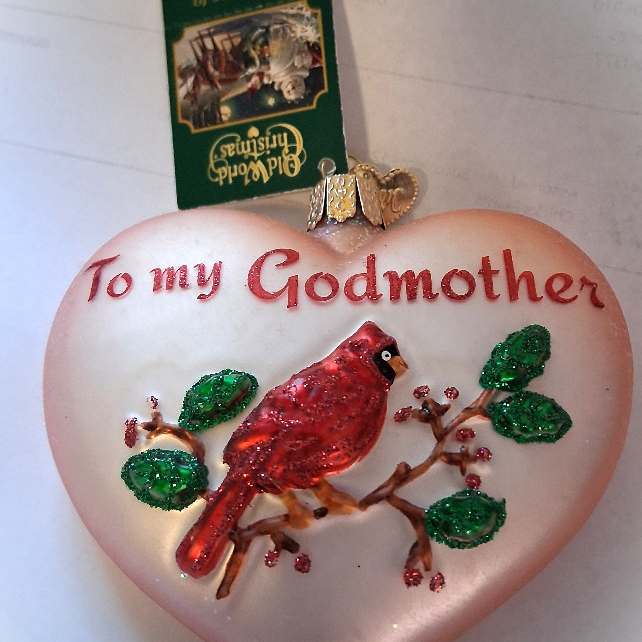 To My Godmother Pink Heart with Cardinal - 3.75" Blown Glass Tree Ornament by Old World Christmas - RETIRED