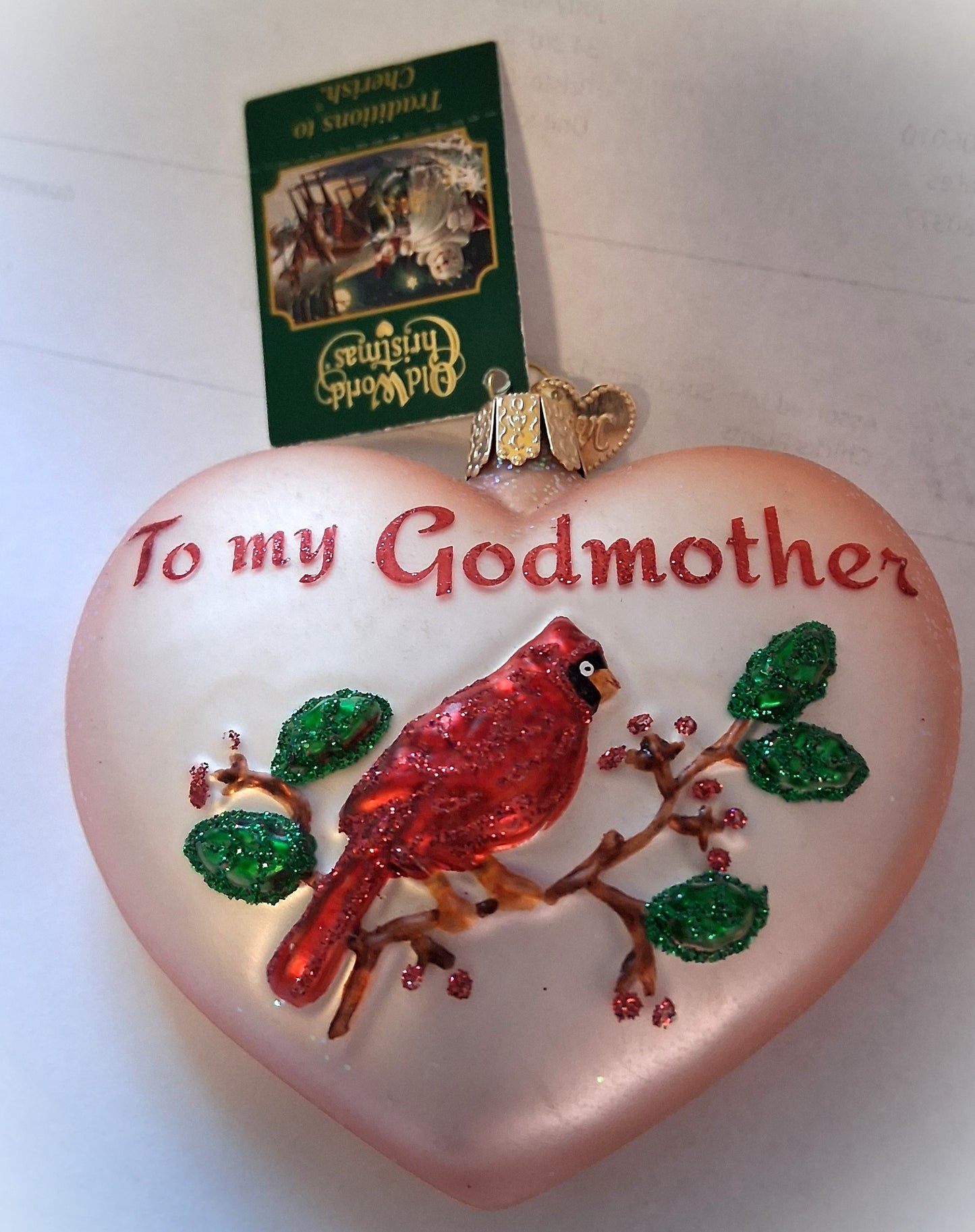To My Godmother Pink Heart with Cardinal - 3.75" Blown Glass Tree Ornament by Old World Christmas - RETIRED