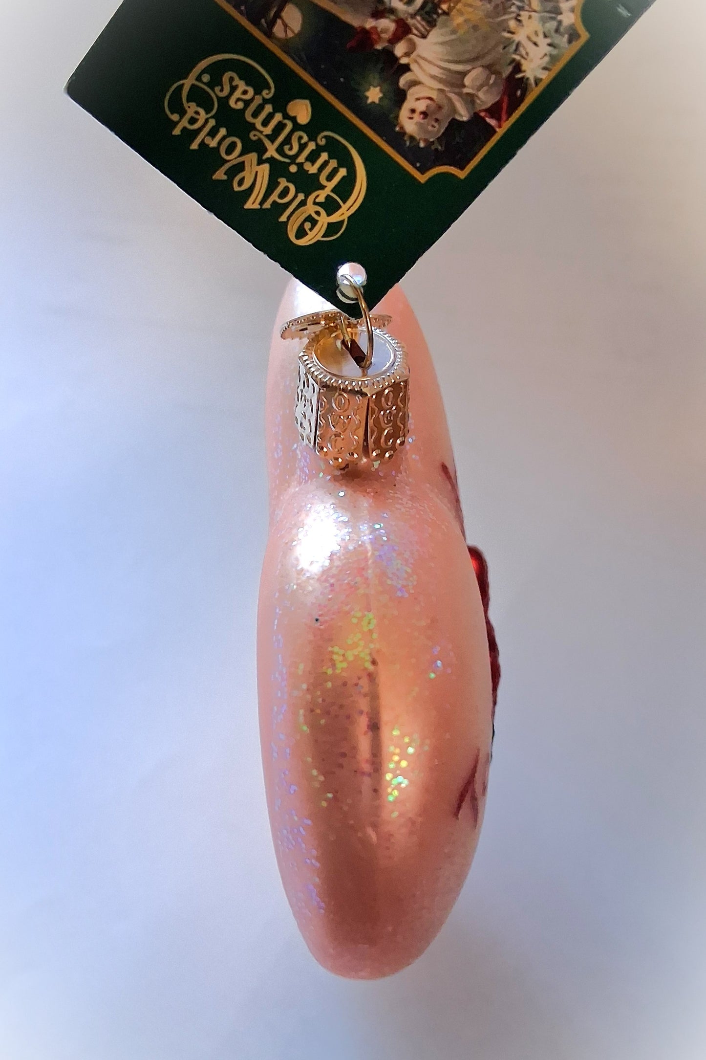 To My Godmother Pink Heart with Cardinal - 3.75" Blown Glass Tree Ornament by Old World Christmas - RETIRED