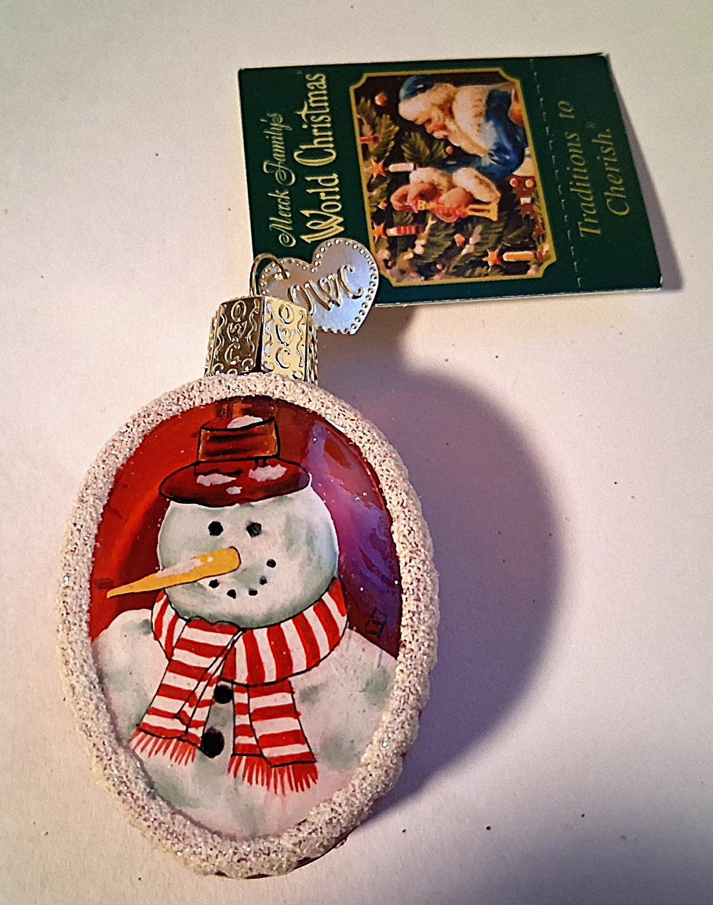 Inside Art Snowman on Red Glass Oval Tree Ornament by Old World Christmas