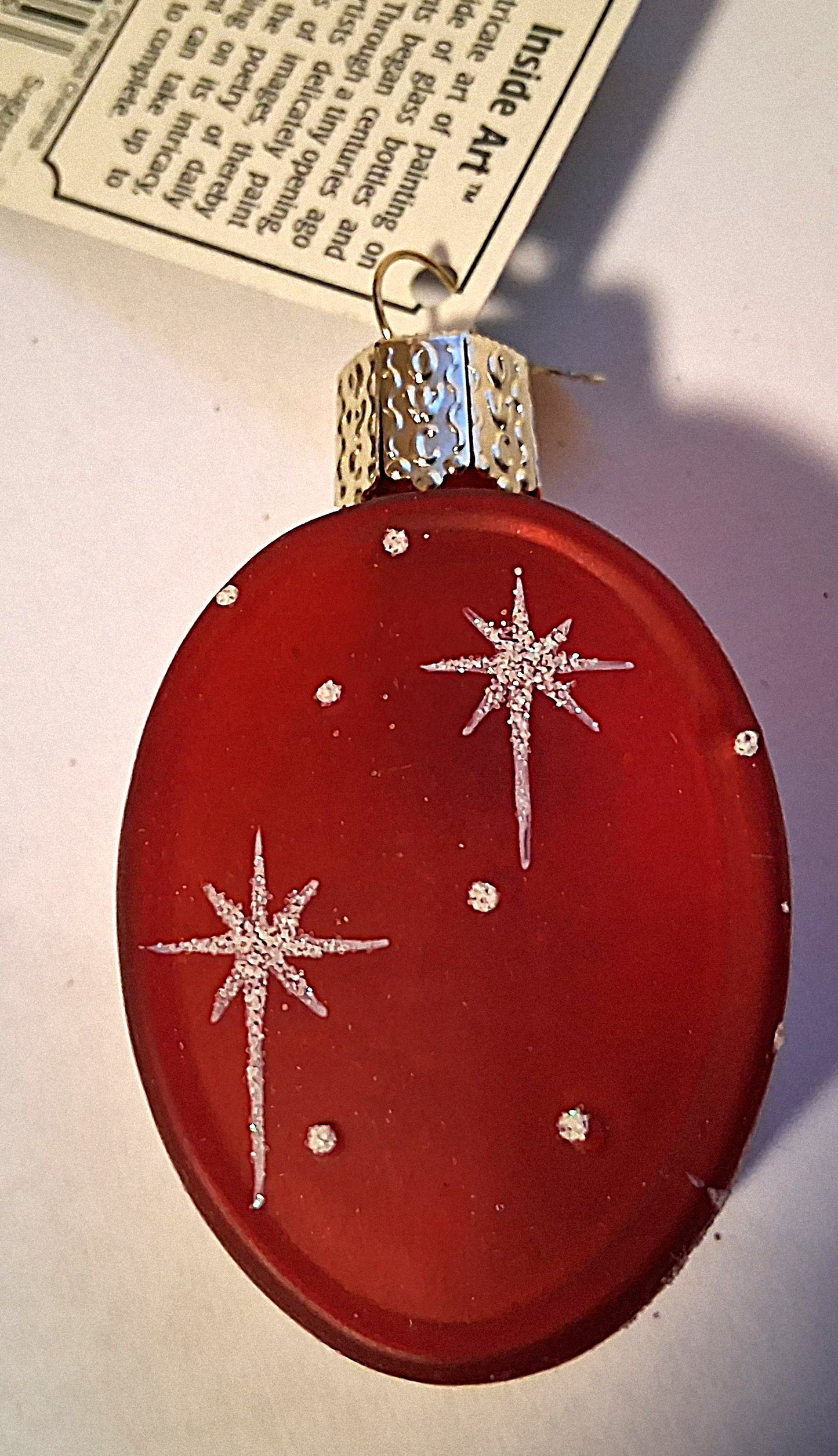 Inside Art Snowman on Red Glass Oval Tree Ornament by Old World Christmas