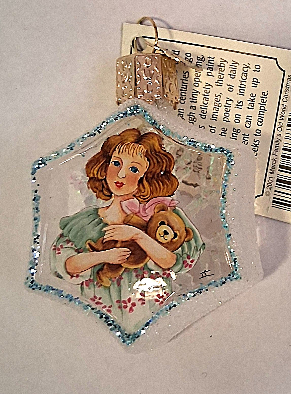Girl Holding Teddy Bear Snowflake Inside Art Glass Tree Ornament by Old World Christmas