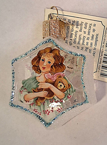 Girl Holding Teddy Bear Snowflake Inside Art Glass Tree Ornament by Old World Christmas