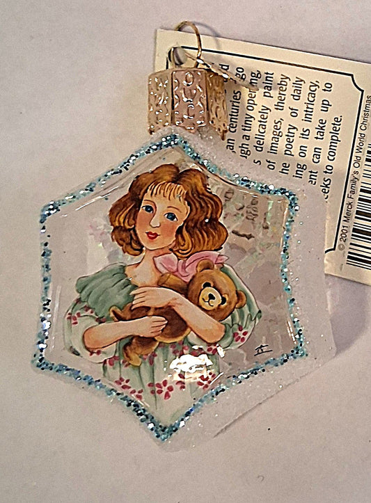 Girl Holding Teddy Bear Snowflake Inside Art Glass Tree Ornament by Old World Christmas