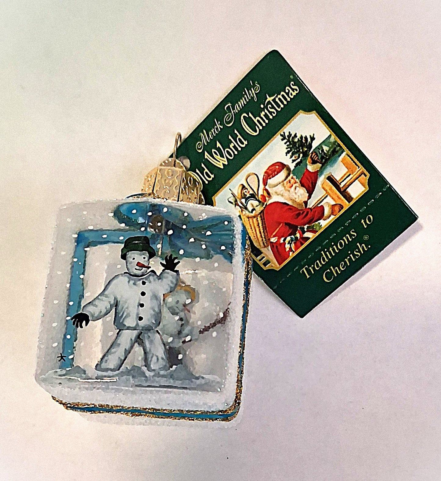Inside Art Snowman on Glass Cube Gift Box - Tree Ornament by Old World Christmas