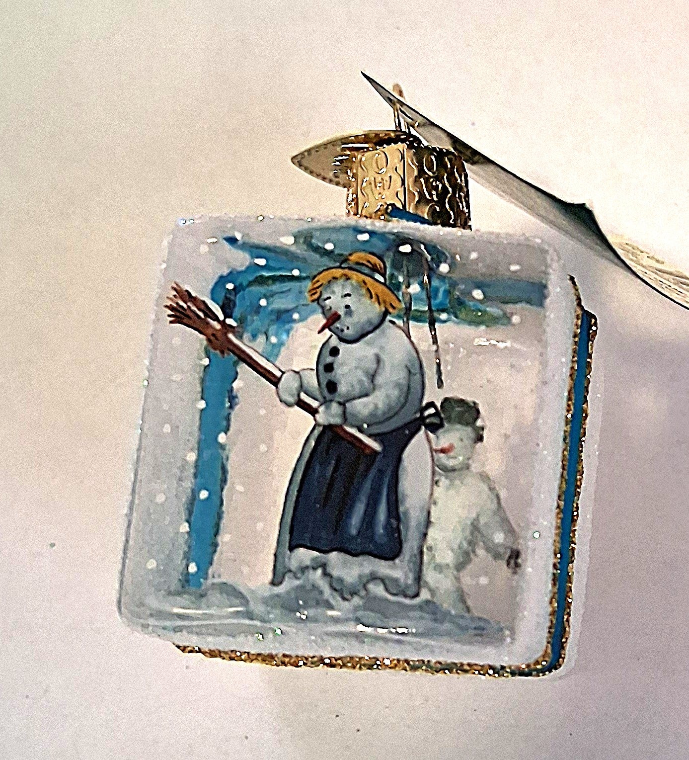 Inside Art Snowman on Glass Cube Gift Box - Tree Ornament by Old World Christmas