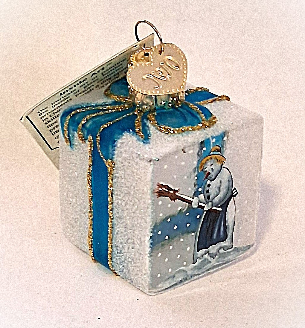 Inside Art Snowman on Glass Cube Gift Box - Tree Ornament by Old World Christmas