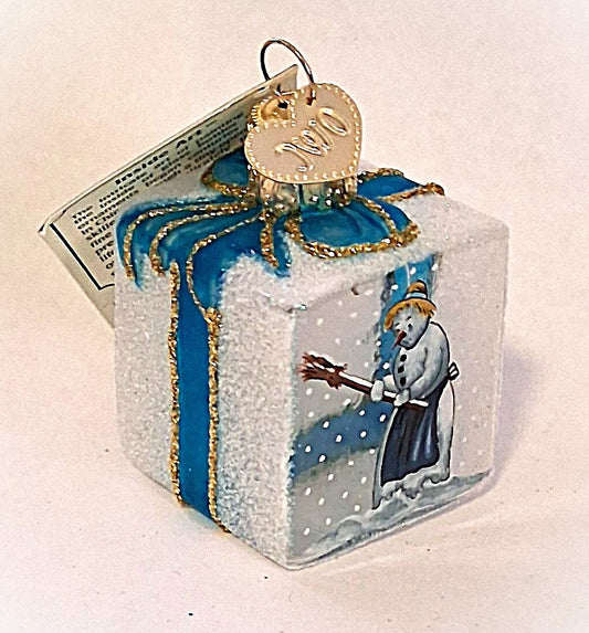 Inside Art Snowman on Glass Cube Gift Box - Tree Ornament by Old World Christmas
