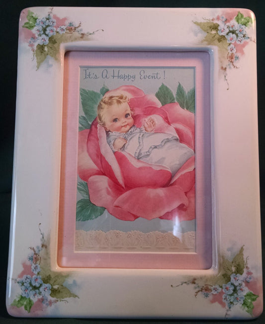 Vintage Baby Girl Greeting Card Framed in Pink